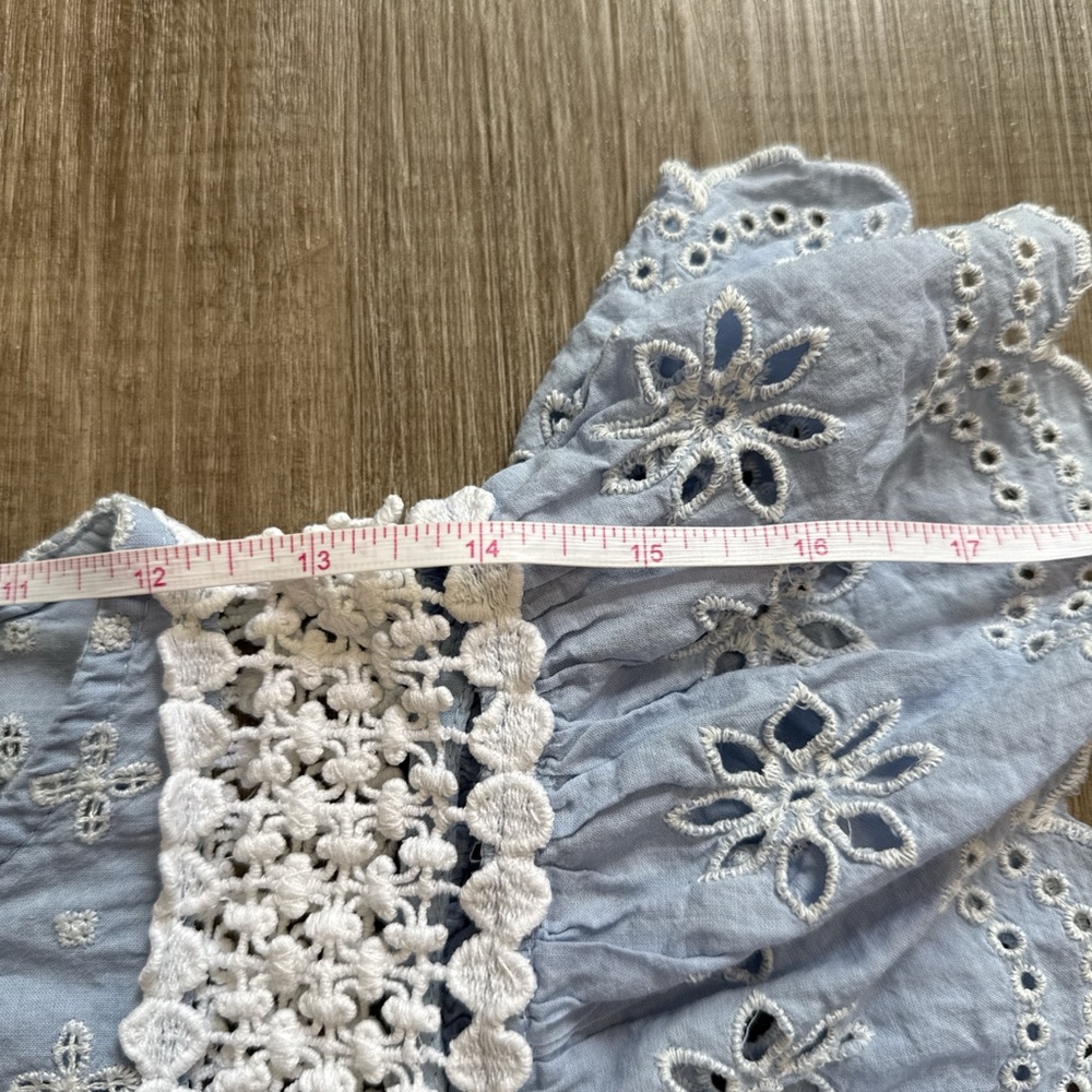 Jennifer & Grace 100% Cotton Eyelet Lace Trim Light Blue Babydoll Blouse Size M - Picture 9 of 12